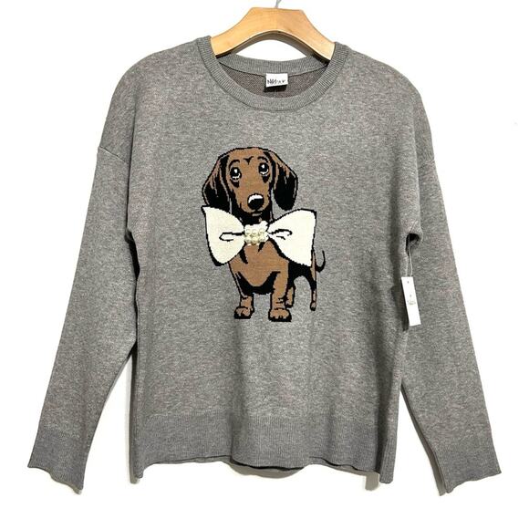 Nikka K graphic novelty gray sweater Dachshund Dog Bow Pearl Christmas NEW sz L - Picture 1 of 10